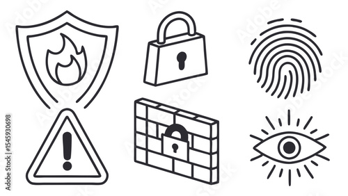 Collection of security themed graphics including firewall, padlock, shield, fingerprint and eye