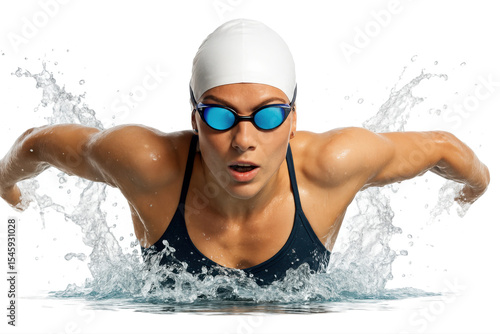 Focused female swimmer in white cap mid-butterfly stroke motion