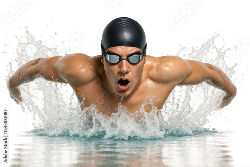  Male swimmer in black cap mid-butterfly stroke with large splash arc