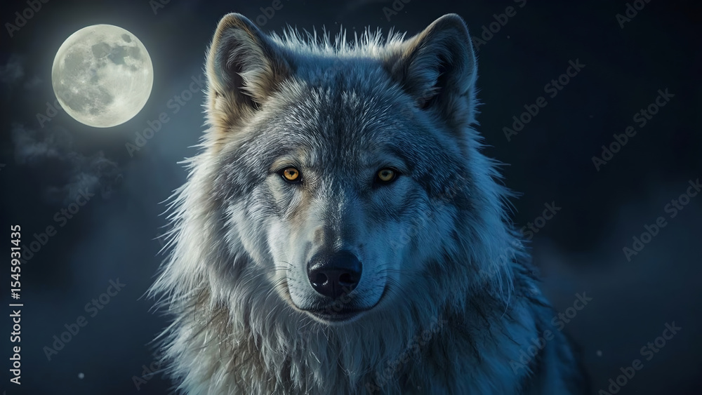 Gray Wolf Portrait Under Full Moon at Night Gray Wolf Portrait Under Full Moon at Night