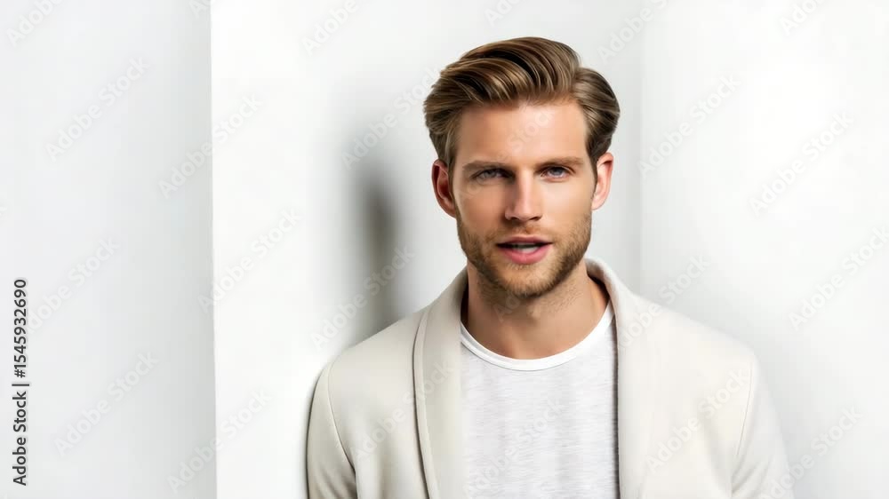 Young man with stylish blond hair, blue eyes, light stubble, wearing white sweater casual fashion, confident male adult standing against minimal white background, modern and relaxed mood Young man with stylish blond hair, blue eyes, light stubble, wearing white sweater casual fashion, confident male adult standing against minimal white background, modern and relaxed mood