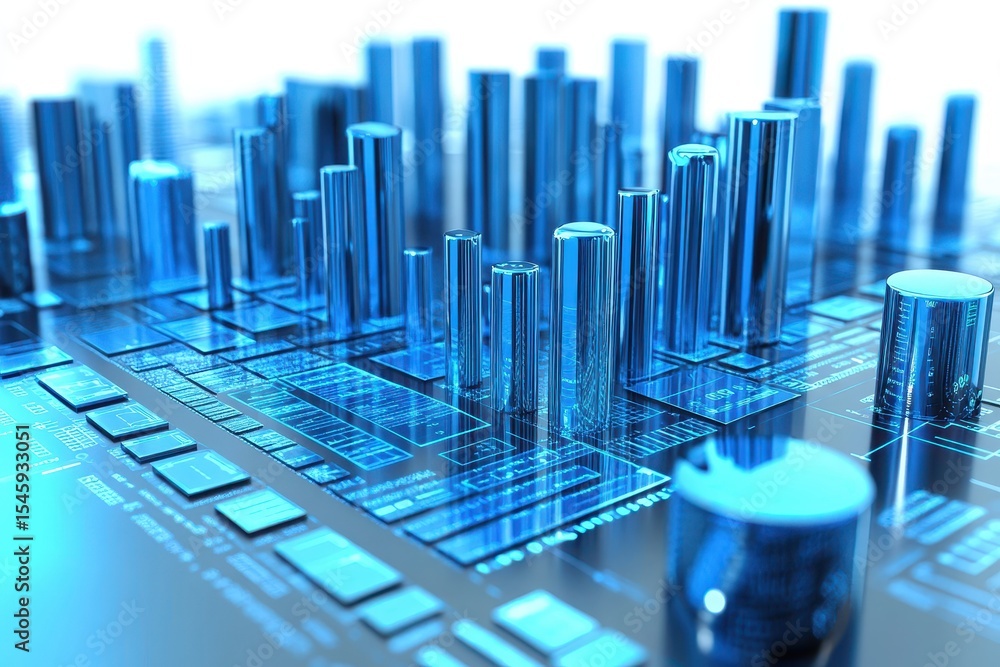 Obraz premium Big data visualization in blue graph form with sleek cylindrical structures and data analytics, Big data in blue graph form Seamless