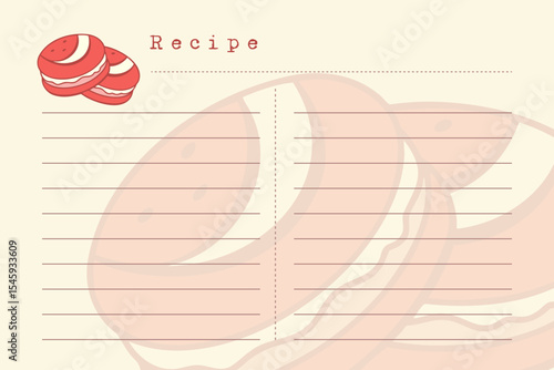 Recipe card template with macaroon or strawberry pink cookie design. Vintage old paper style, scrapbooking.