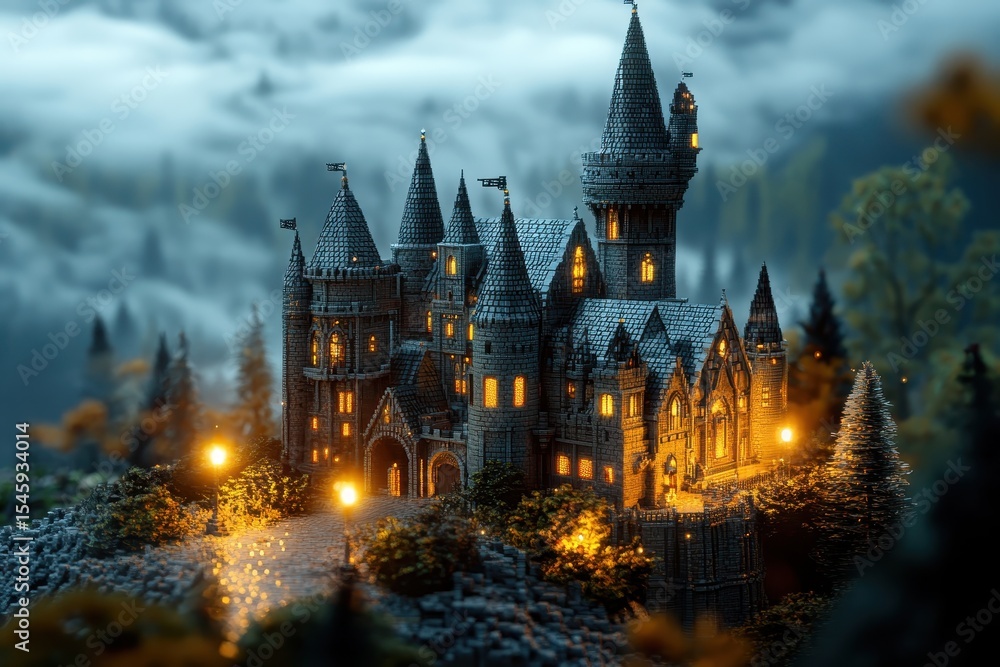 Fototapeta premium Mysterious castle illuminated at night among misty landscape with glowing lights, Castle At Night With Light Glowing