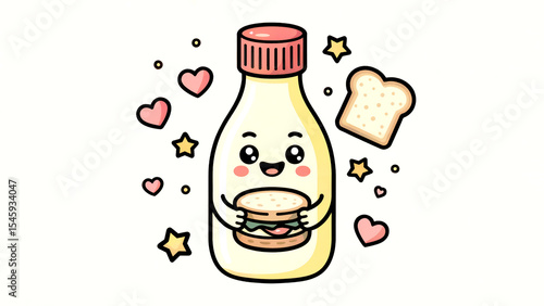 Cute cartoon mayonnaise bottle holding a sandwich