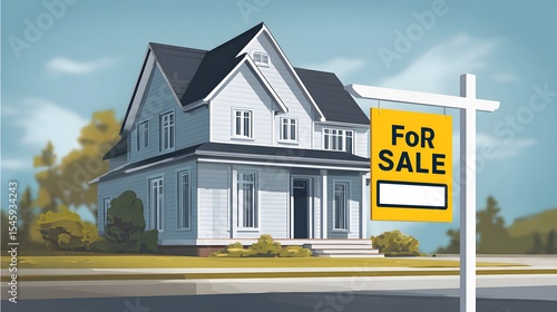 Sophisticated 2d Blank Vector Illustration Showcasing a Modern House with a For Sale Sign on a Bright Yellow Post and Lightblue Background