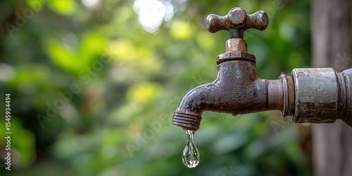 Leaky old faucet with water drop against a green foliage background. Water conservation concept. Close up shot of a rustic outdoor water tap.