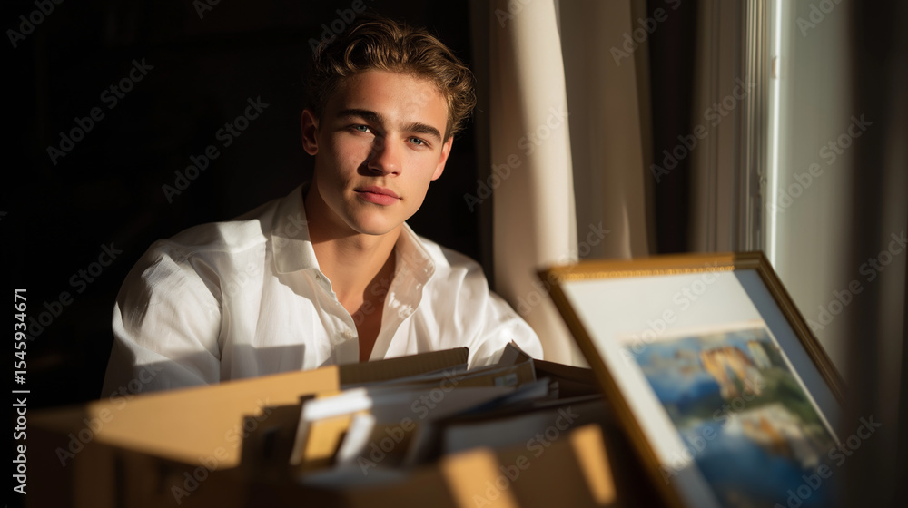 Obraz premium A young man organizing personal items in soft natural light