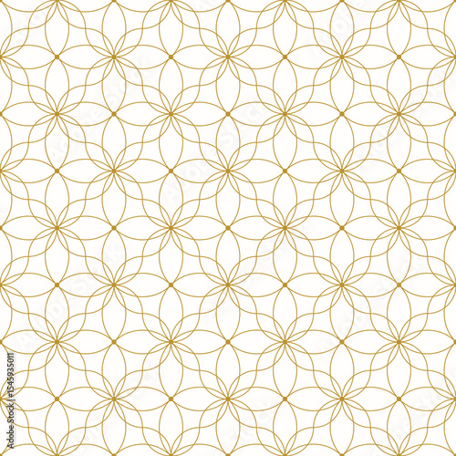 seamless pattern featuring delicate gold geometric floral motifs on a clean white background, perfect for elegant designs and textiles.

