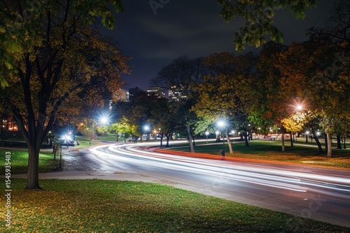Night time lapse captures vibrant boulevard scene in Chicago with dynamic light trails, Night timelapse on a boulevard in Chicago