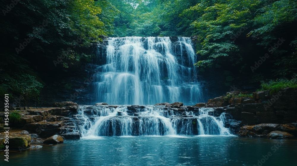 Fototapeta premium Cascading waterfall in a lush forest setting.