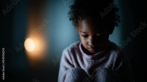 Young African American girl child sitting quietly in dim light, lost in thoughts and fear