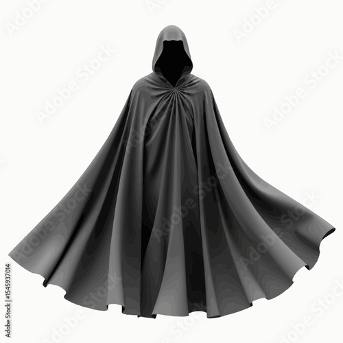 Black hooded cloak draped elegantly on a neutral background  