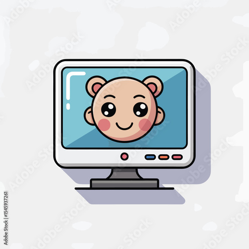 Cute Cartoon Bear Face on Light Blue Computer Screen