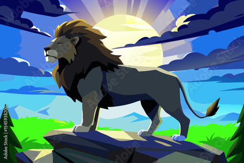 Colorful horizon lion design with silhouette and golden mane effect