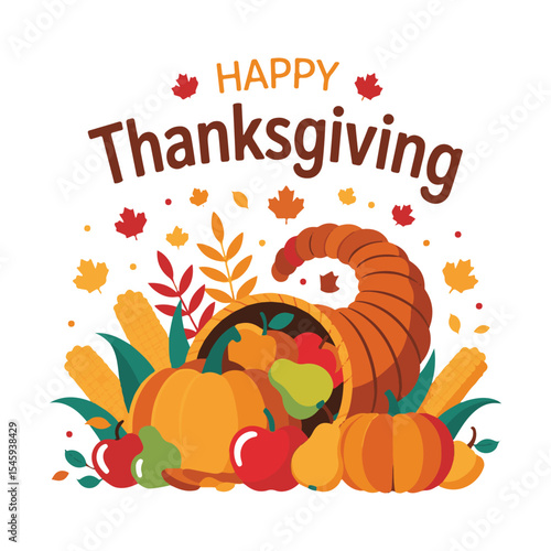 Happy Thanksgiving Cornucopia with Autumn Harvest Fruits and Vegetables

