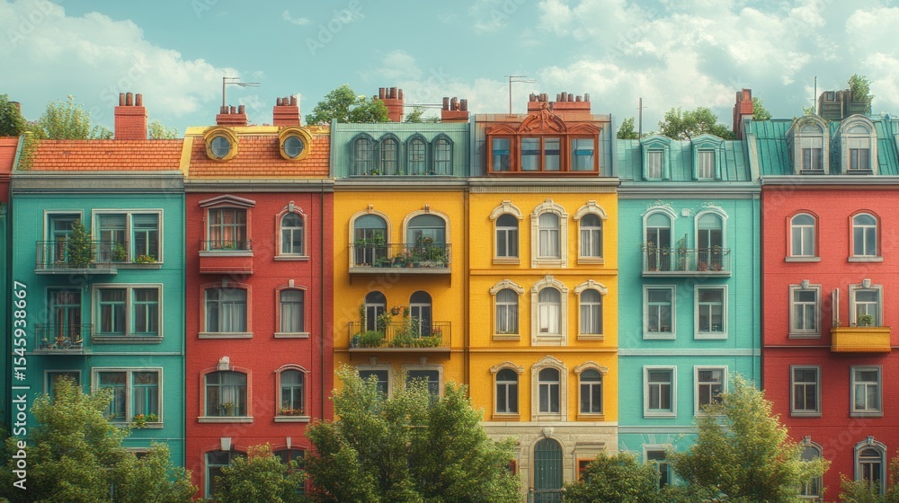 Fototapeta premium Vibrant row of colorful buildings with lush greenery.