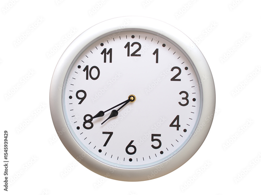Round Silver Wall Clock Showing 07:40 or 19:40 Isolated-White. Useful for concepts like noon, midnight, deadline, countdown, or time management. Round Silver Wall Clock Showing 07:40 or 19:40 Isolated-White. Useful for concepts like noon, midnight, deadline, countdown, or time management.