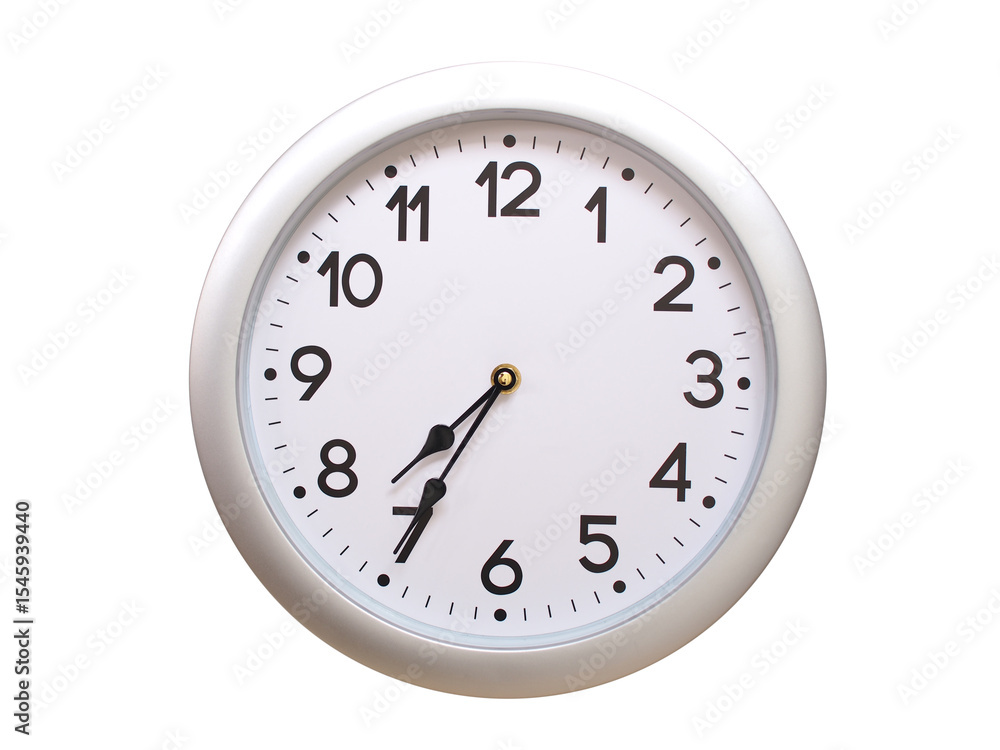 Round Silver Wall Clock Showing 07:35 or 19:35 Isolated-White. Useful for concepts like noon, midnight, deadline, countdown, or time management. Round Silver Wall Clock Showing 07:35 or 19:35 Isolated-White. Useful for concepts like noon, midnight, deadline, countdown, or time management.