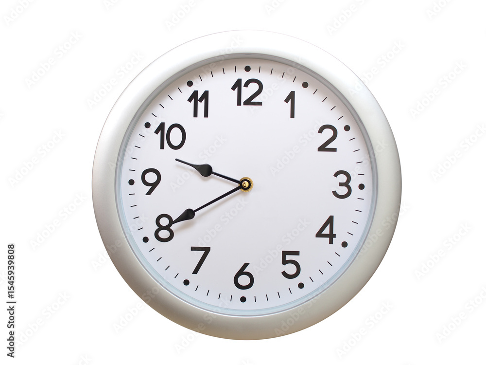 Round Silver Wall Clock Showing 09:40 or 21:40 Isolated-White. Useful for concepts like noon, midnight, deadline, countdown, or time management. Round Silver Wall Clock Showing 09:40 or 21:40 Isolated-White. Useful for concepts like noon, midnight, deadline, countdown, or time management.