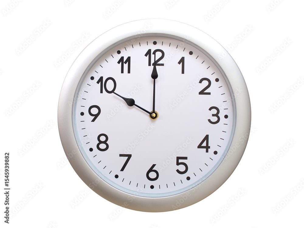 Round Silver Wall Clock Showing 10:00 or 22:00 Isolated-White. Useful for concepts like noon, midnight, deadline, countdown, or time management. Round Silver Wall Clock Showing 10:00 or 22:00 Isolated-White. Useful for concepts like noon, midnight, deadline, countdown, or time management.