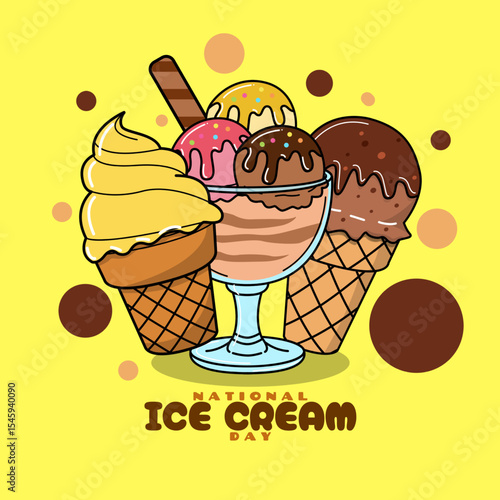National Ice Cream Day to celebrate on third Sunday in July. Illustration of ice cream cones and a glass of three flavors of ice cream on yellow background. Dessert event banner