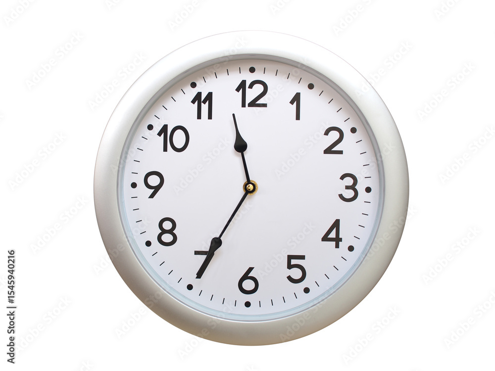 Round Silver Wall Clock Showing 11:35 or 23:35 Isolated-White. Useful for concepts like noon, midnight, deadline, countdown, or time management. Round Silver Wall Clock Showing 11:35 or 23:35 Isolated-White. Useful for concepts like noon, midnight, deadline, countdown, or time management.