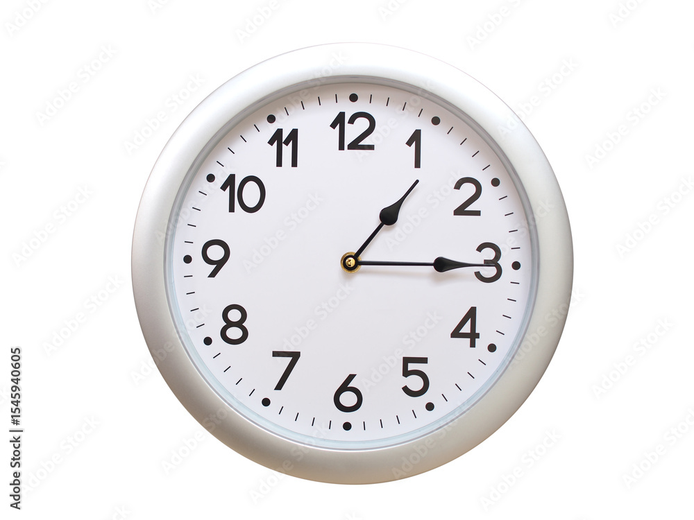 Round Silver Wall Clock Showing 01:15 or 13:15 Isolated-White. Useful for concepts like noon, midnight, deadline, countdown, or time management. Round Silver Wall Clock Showing 01:15 or 13:15 Isolated-White. Useful for concepts like noon, midnight, deadline, countdown, or time management.