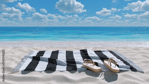 A black-and-white striped beach towel rests on white sand near a turquoise ocean under a bright, partly cloudy sky, with a pair of beige sandals placed on the towel