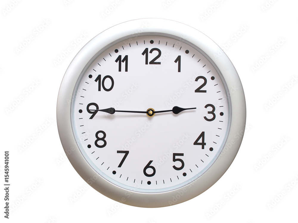 Round Silver Wall Clock Showing 02:45 or 14:45 Isolated-White. Useful for concepts like noon, midnight, deadline, countdown, or time management. Round Silver Wall Clock Showing 02:45 or 14:45 Isolated-White. Useful for concepts like noon, midnight, deadline, countdown, or time management.