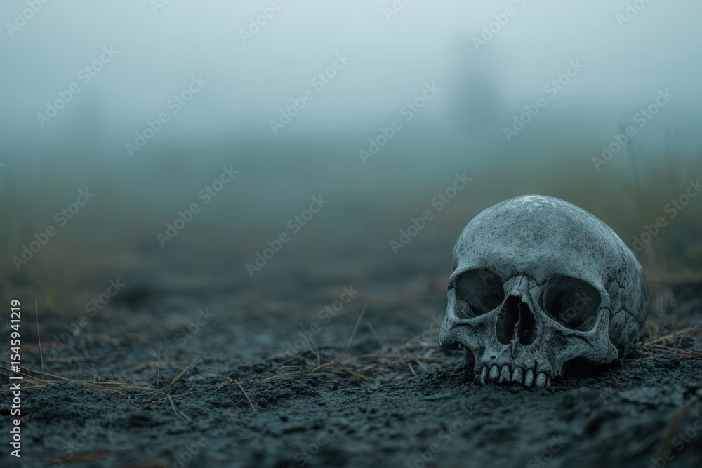 Skull rests on the ground in a misty landscape at dawn, evoking a sense of mystery and eeriness, Skull On The Ground In Misty Landscape Skull rests on the ground in a misty landscape at dawn, evoking a sense of mystery and eeriness, Skull On The Ground In Misty Landscape