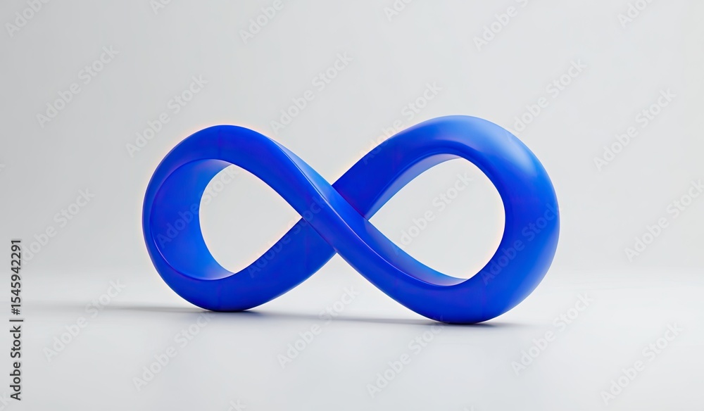 Fototapeta premium A smooth, 3D-rendered, vibrant blue infinity symbol rests on a minimalist white background. Its glossy surface subtly reflects light