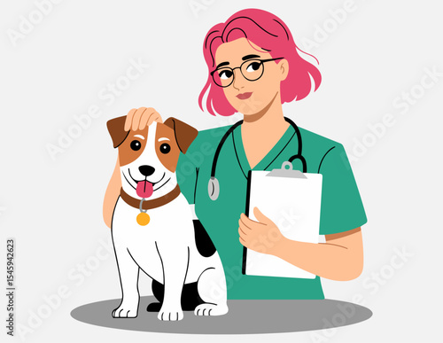 Cute veterinarian checking pets health cartoon