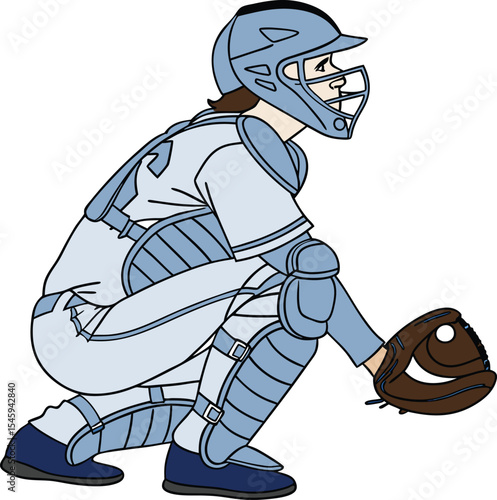 Baseball catcher in blue uniform crouching and ready to catch, athletic player with gear in action, dynamic illustration showing defensive skill and focus during game.