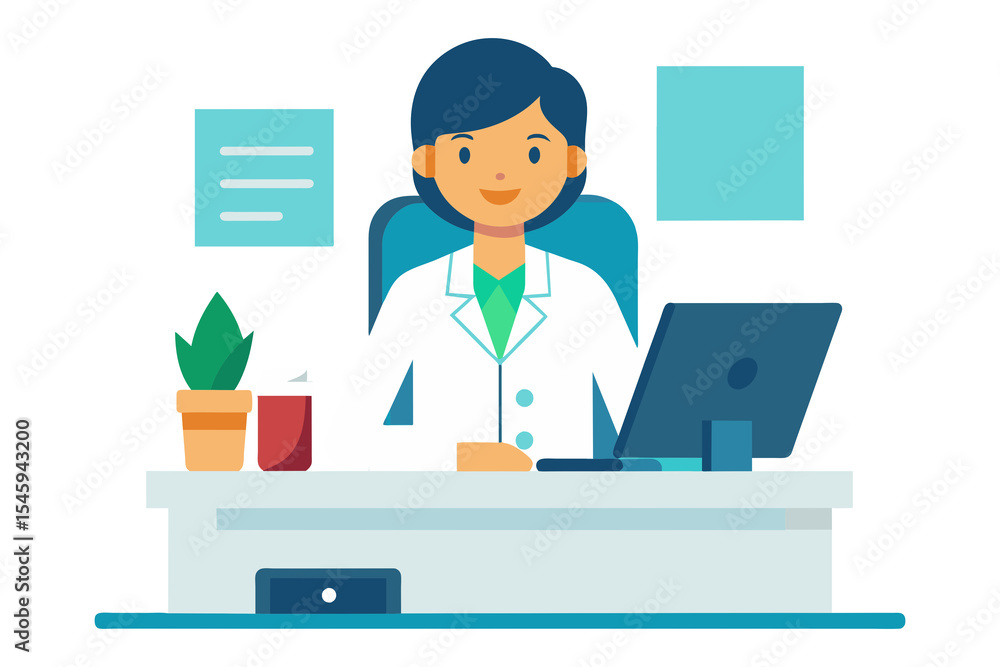 Cartoon vector illustration of a woman doctor working on her laptop at an office desk with a child patient Cartoon vector illustration of a woman doctor working on her laptop at an office desk with a child patient