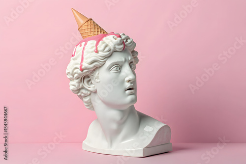 Classical marble bust with upside-down ice cream cone and pink melting syrup on head against pastel pink background