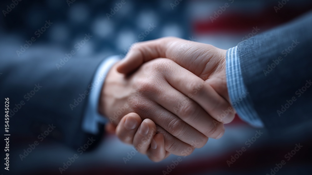 Obraz premium Close-up of a handshake against an American flag backdrop.