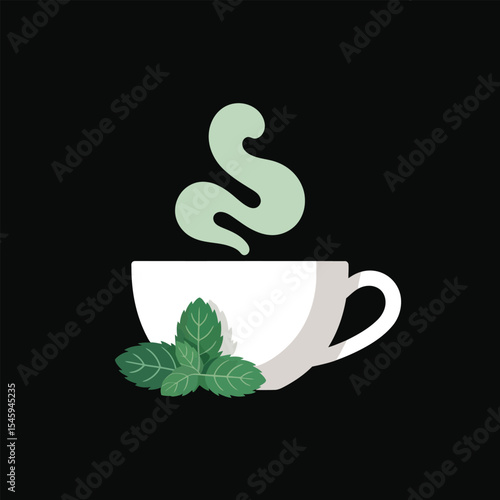 White Teacup with Mint Leaves and Steam on Black Background