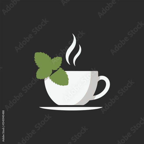 White Teacup with Mint Leaves and Steam on Dark Background