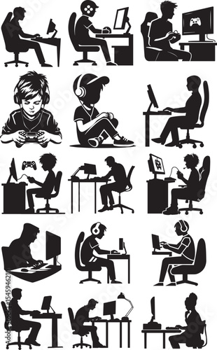 Gamer silhouette vector bundle set.