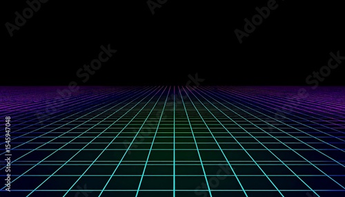 Synthwave grid horizon on black background.