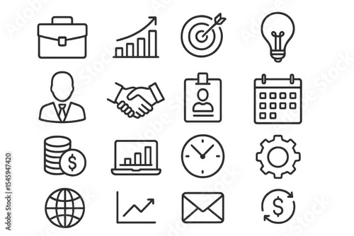 Set of business icons on a transparent background representing concepts such as growth, partnership, financial success, and more
