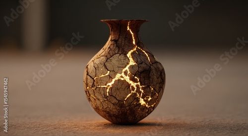 A cracked, earthenware vase, illuminated from within, glows with a warm light, its fissures radiating outward