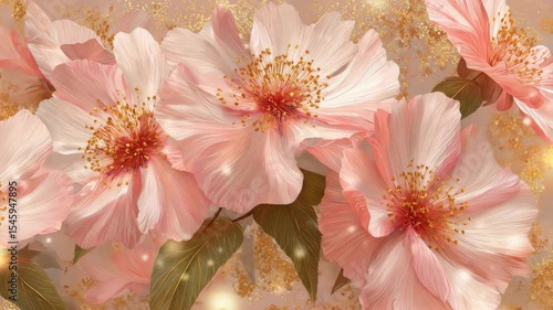 A vibrant postcard design featuring large pink flowers with delicate petals and golden shiny particles in the background.