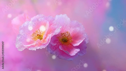 Two delicate pink flowers with soft petals against a colorful, dreamy background filled with shiny particles. The scene evokes a sense of tranquility and beauty.