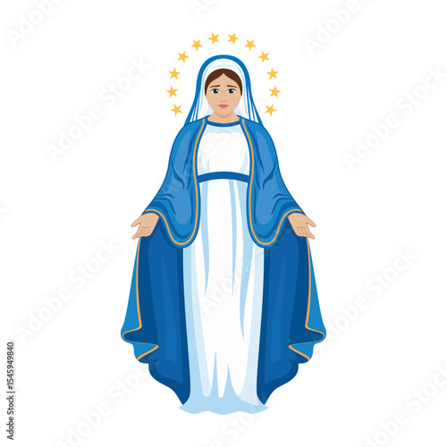 Blessed Virgin Mary, Mother of Jesus vector illustration. Beautiful Virgin Mary icon on a white background. Virgin Mary with stars around her head symbol. Our Lady of Grace in blue dress drawing