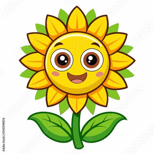 Happy cartoon sunflower with big eyes and smiling face