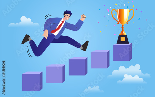 A determined manager is climbing the corporate ladder to win a prize. A metaphor for business progress, leadership, and winning a competition. A concept of success, ambition, and determination.