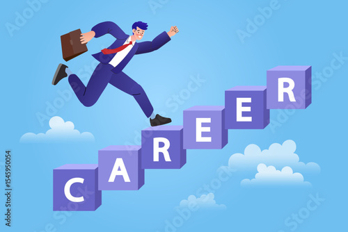 Career progression concept. An ambitious businessman runs up the stairs that spell 'career'. Vector for professional growth, success, and climbing the corporate ladder.