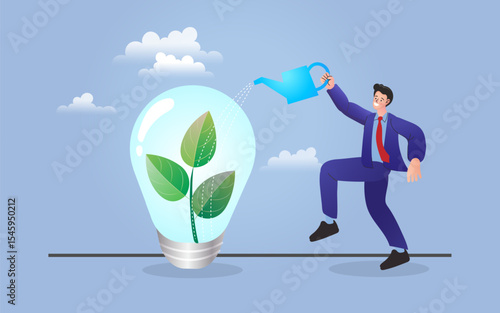 A business idea growth and innovation concept. A businessman is watering a plant inside a light bulb. A vector illustration for a startup, investment, and a sustainable green business.